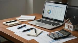 Laptop displaying financial data with charts, calculator, notepads, and miniature house model on wooden desk, illustrating property management and rental property depreciation analysis for Florida landlords.