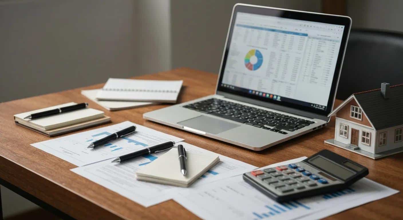 Laptop displaying financial data, calculator, notepads, and pens on a wooden desk, with a miniature house model, illustrating rental property management and depreciation calculations for Florida landlords.