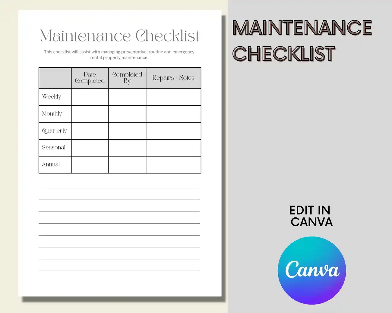 Maintenance checklist template for rental property management, featuring sections for weekly, monthly, quarterly, seasonal, and annual tasks, with space for completion dates and notes, emphasizing preventive and routine maintenance.