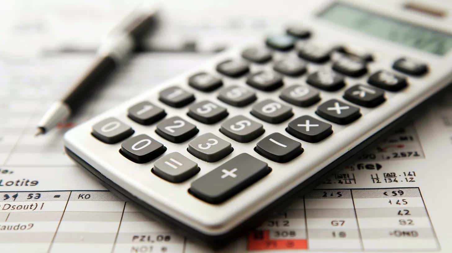 Calculator on financial documents illustrating property management fee calculations and budgeting.