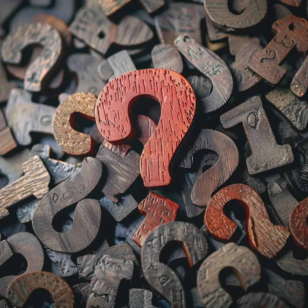 Red wooden question mark surrounded by various colored wooden question marks and numbers, symbolizing inquiries about property management costs and services in Florida.