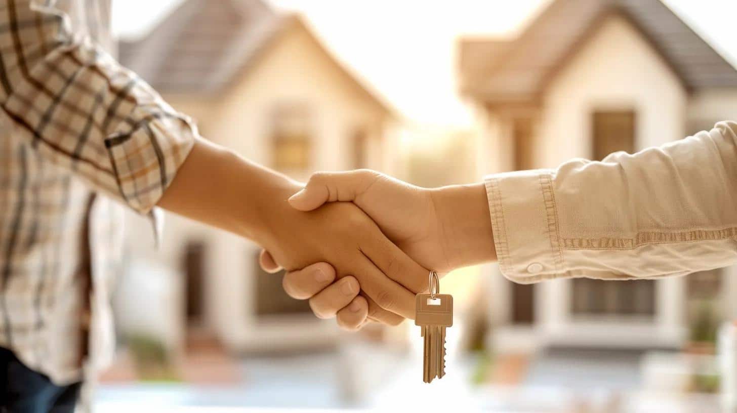 Handshake between two individuals with house keys, symbolizing tenant agreements and property management in Florida.
