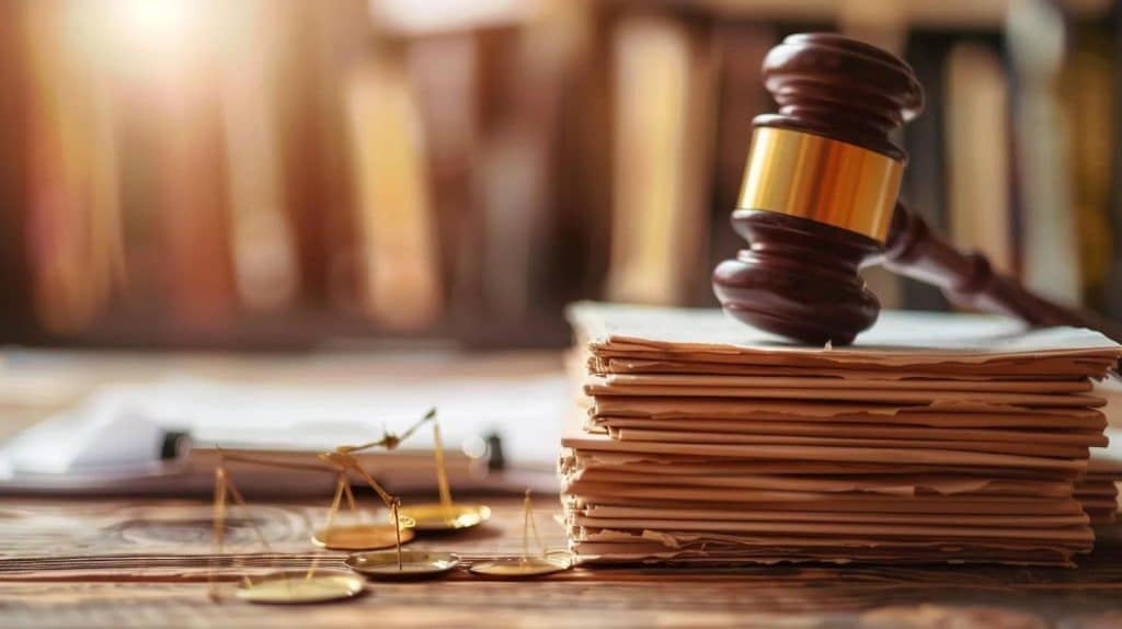 Gavel resting on stacked legal documents with scales of justice, symbolizing landlord-tenant law and legal compliance for accidental landlords in Florida.