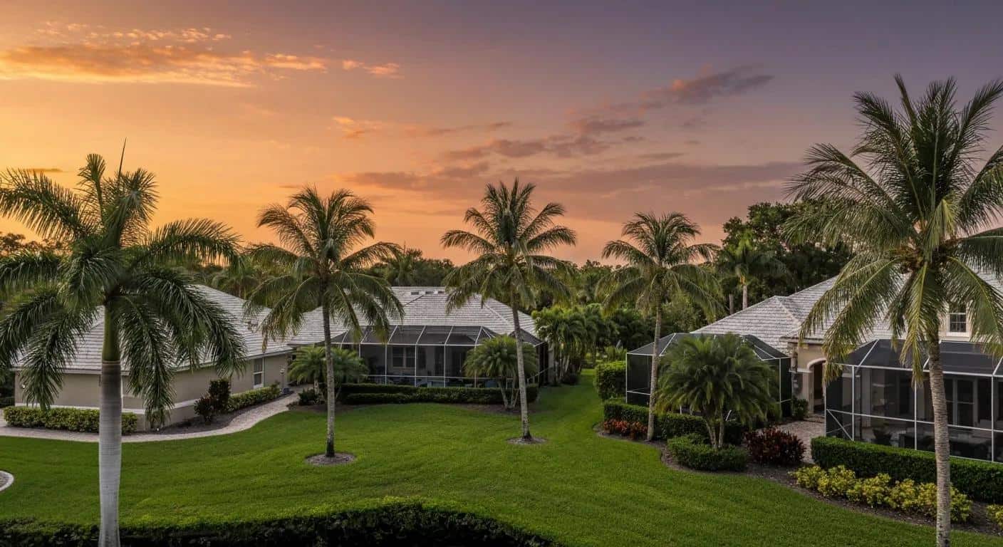 Florida residential properties with palm trees at sunset, illustrating the appeal of single-family rentals in property management.