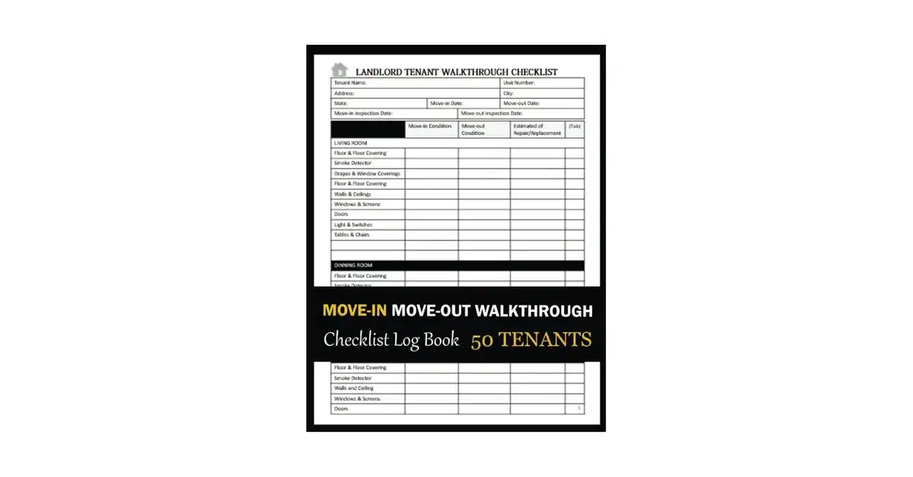 Landlord tenant walkthrough checklist for move-in and move-out inspections, featuring sections for documenting property condition and repairs.
