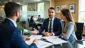 Two professionals discuss tenant screening documents with a client in a modern office setting.