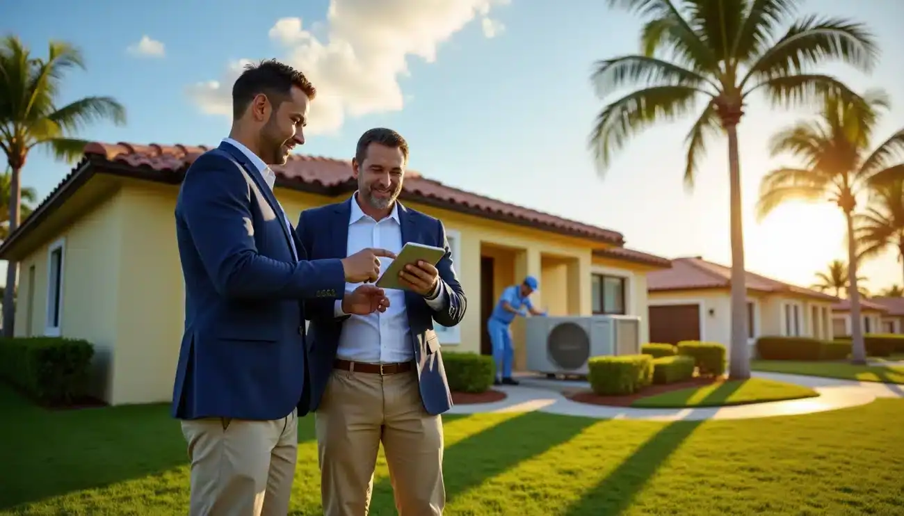 Two men in business attire discussing property management details on a tablet, with a residential property and technician in the background, highlighting property management services in West Palm Beach.