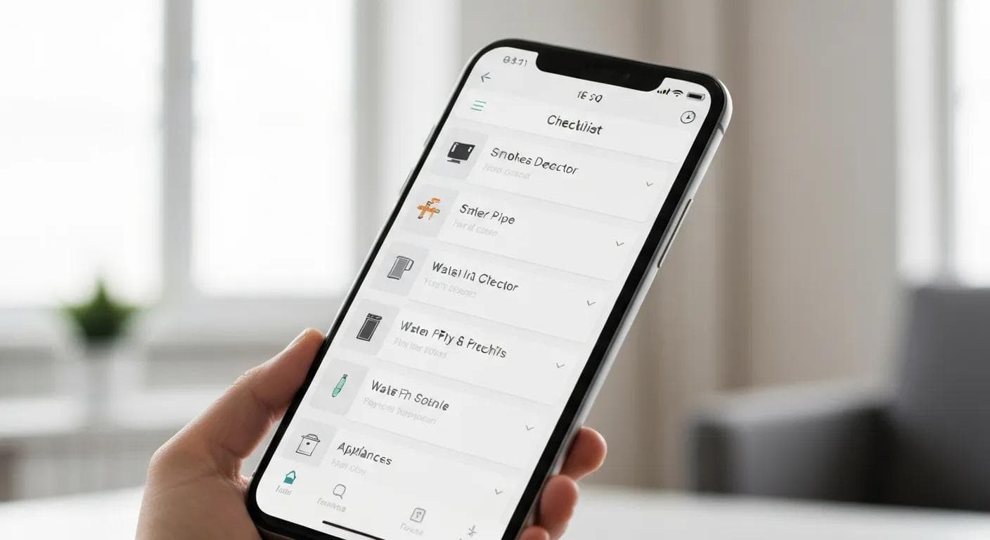 Hand holding smartphone displaying a rental property inspection checklist app, featuring items like smoke detector and appliances, relevant for Florida landlords.