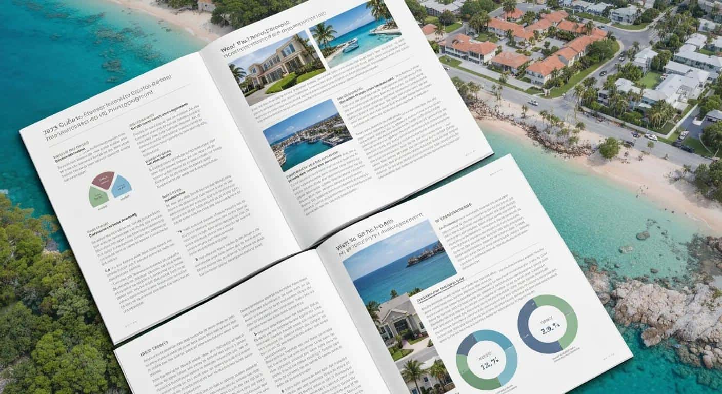 Open property management guide featuring charts and images of West Palm Beach properties, with coastal view and residential area backdrop, relevant to InvestPro Properties' 2025 services and ROI insights.