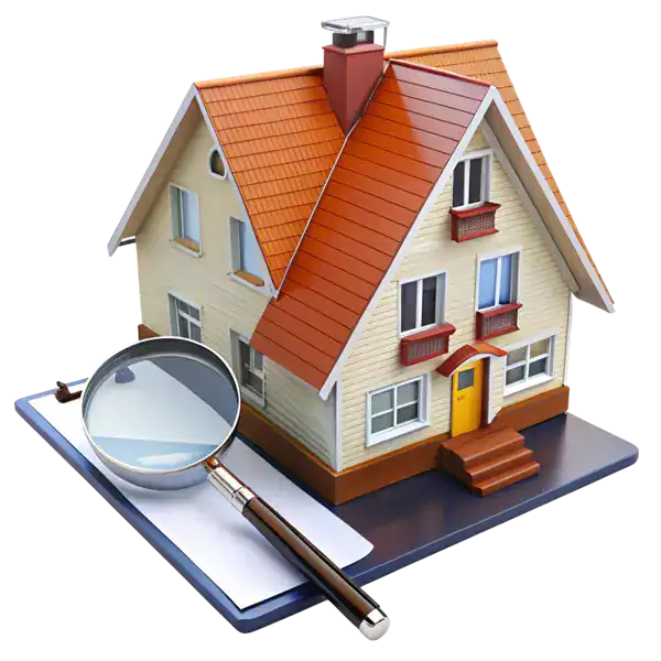 Model house with magnifying glass on a clipboard, symbolizing property management and rental analysis in Jupiter, Florida.