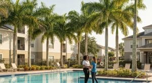 Two women standing by a swimming pool surrounded by palm trees and multifamily apartment buildings, representing Florida apartment community living.