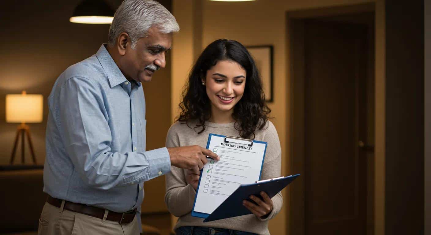 Image depicting a landlord and tenant discussing, with a checklist symbolizing responsibilities