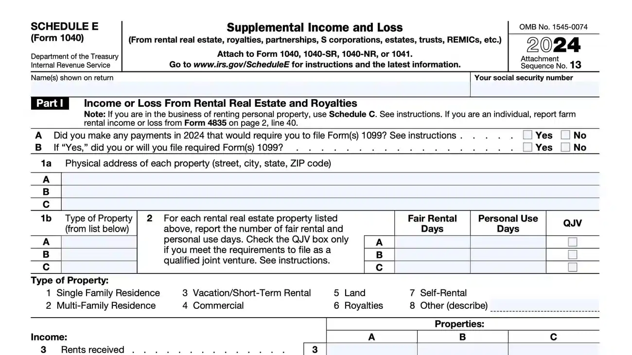 Schedule E tax form for reporting rental income and losses, including sections for property details, rental days, and income types, relevant for Florida landlords managing rental property depreciation.