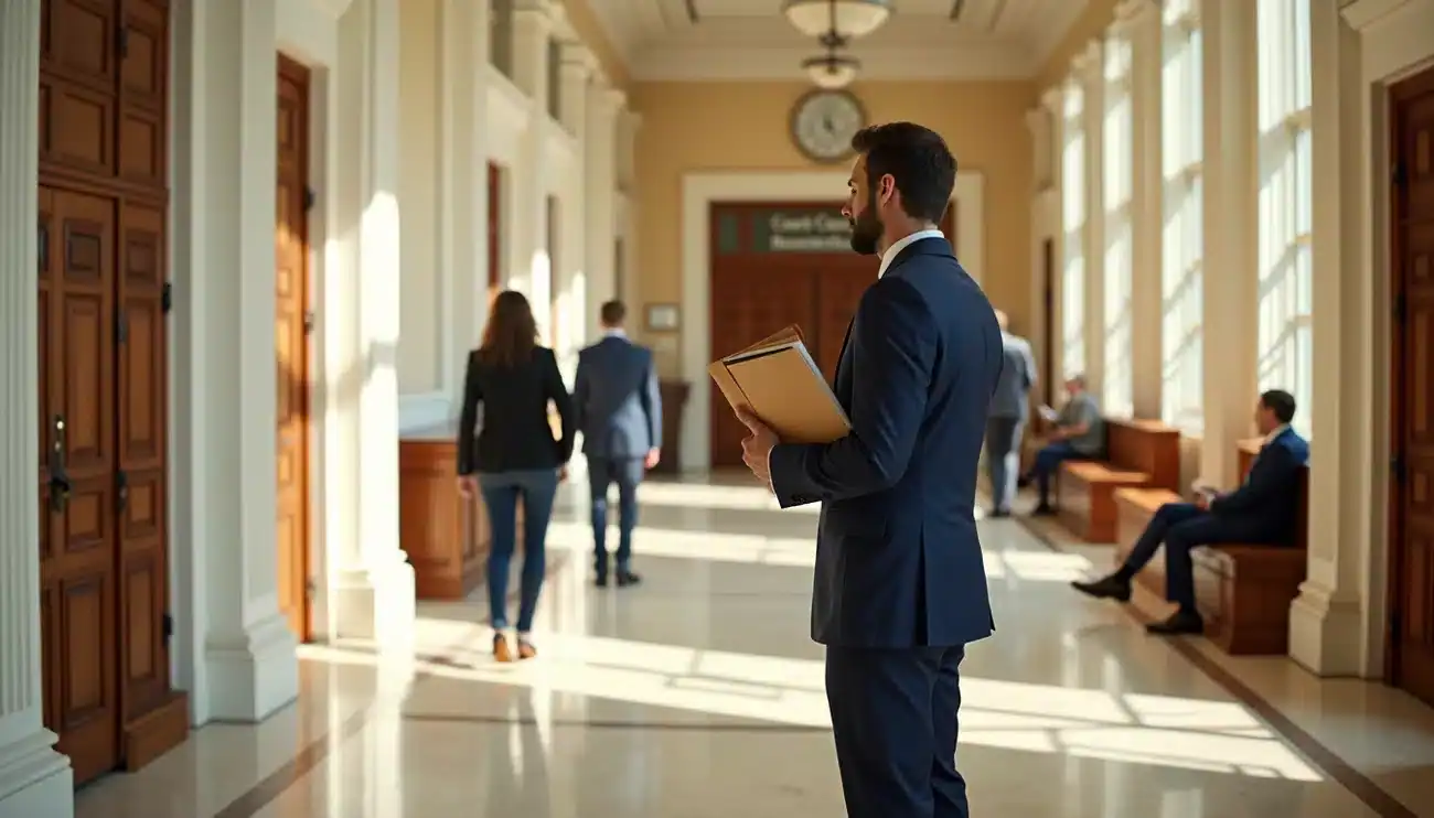 Business professional holding legal documents in courthouse hallway, illustrating the eviction process and legal proceedings in Florida.