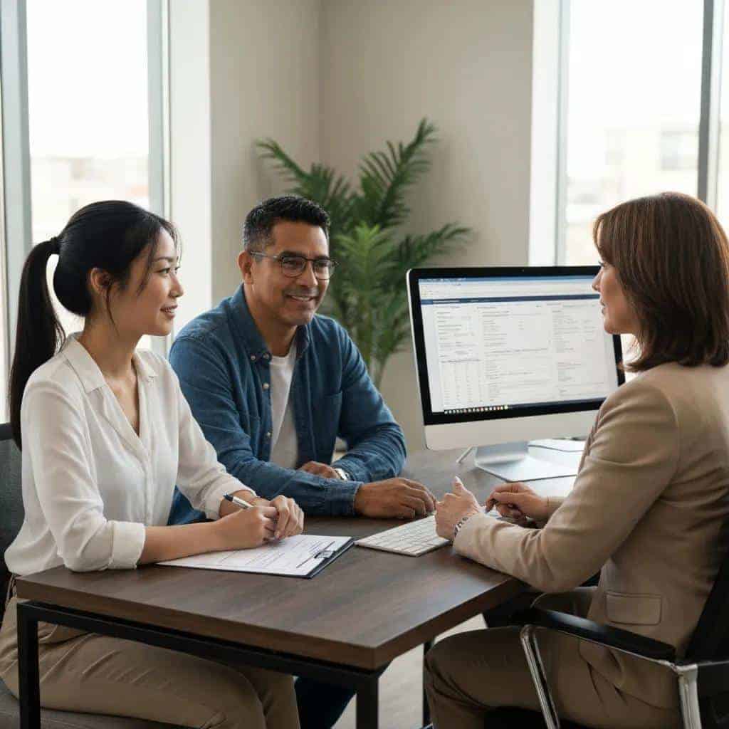Diverse applicants being interviewed by a property manager in a modern office setting, discussing tenant screening processes for effective rental management.