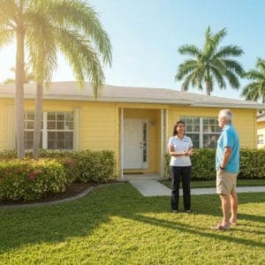 Florida property management scene with a rental property, palm trees, and a property manager interacting with a landlord