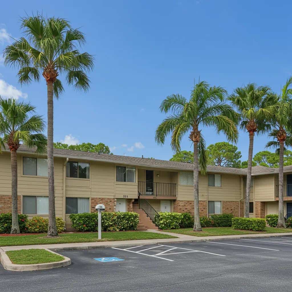 Florida rental property exterior with palm trees, showcasing landlord-tenant relationships and compliance in leasing.