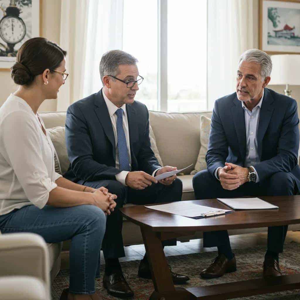 Landlord and tenant discussing lease agreement details in a cozy living room setting, emphasizing negotiation of non-negotiable lease terms and compliance with Florida laws.