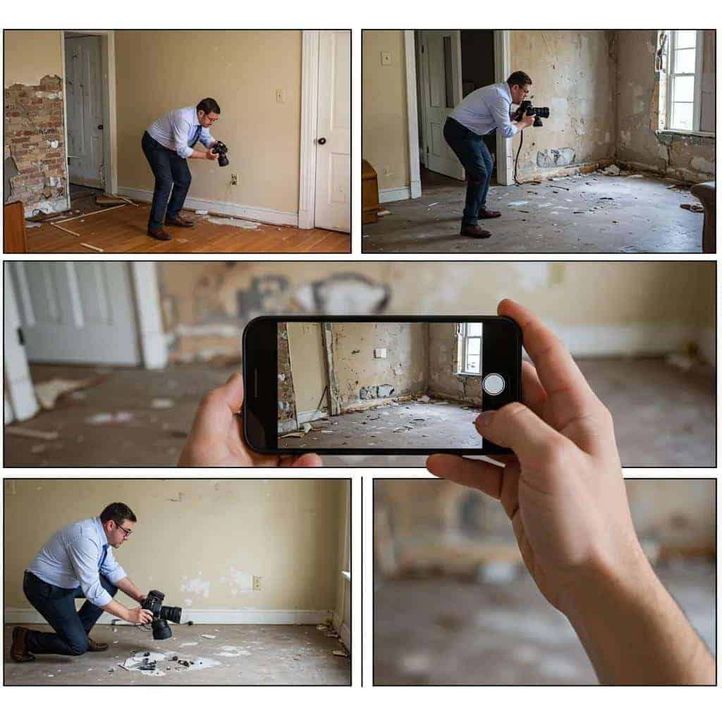 Landlord documenting tenant property damage with a camera, illustrating the importance of evidence collection