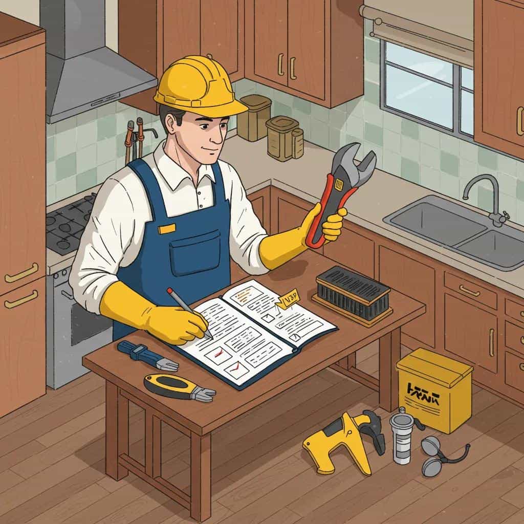 Maintenance worker inspecting kitchen with checklist, tools on table, highlighting landlord responsibilities and property management best practices.