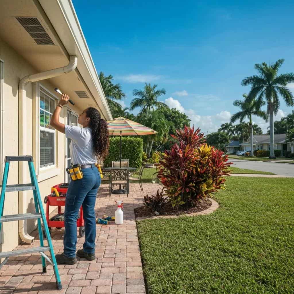 Maintenance technician inspecting rental property in Florida, using a flashlight on exterior, proactive property care, tropical landscaping, tools and equipment nearby.