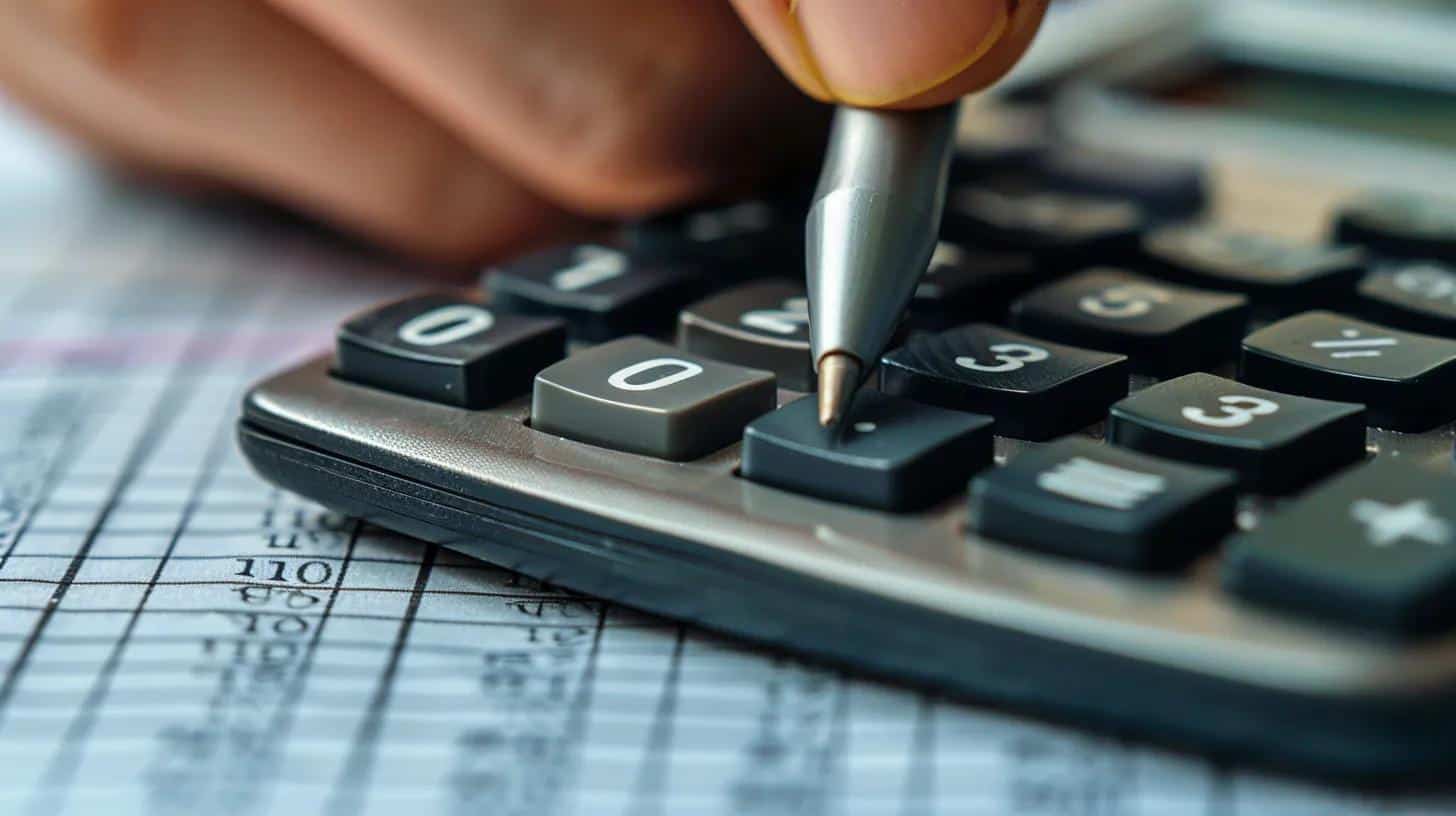 Hand pressing a calculator key with financial documents in the background, representing property management accounting and performance metrics for InvestPro Properties in Tampa Bay.