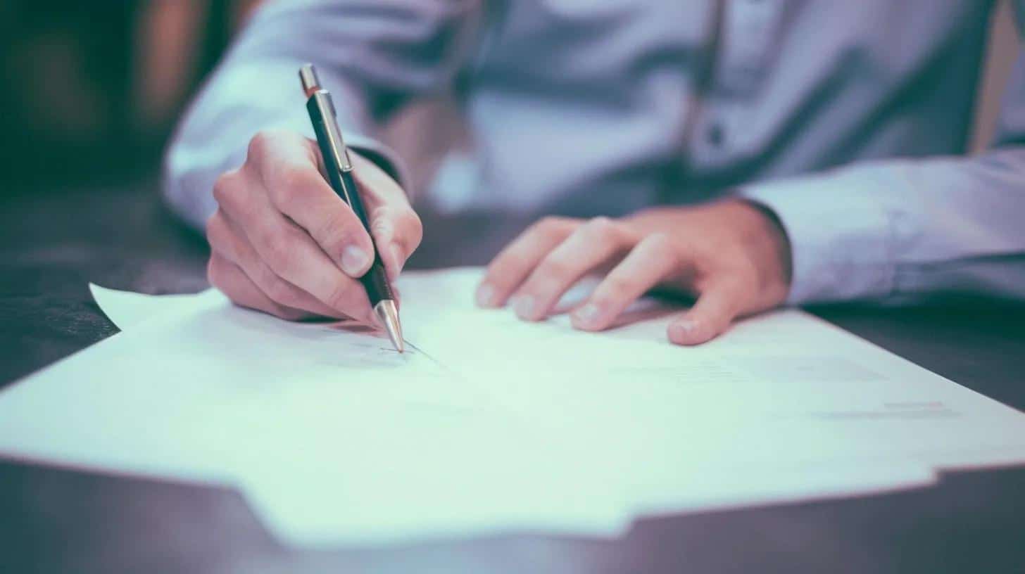 Person signing documents on a desk, illustrating tenant rights and landlord responsibilities in tenant screening processes.