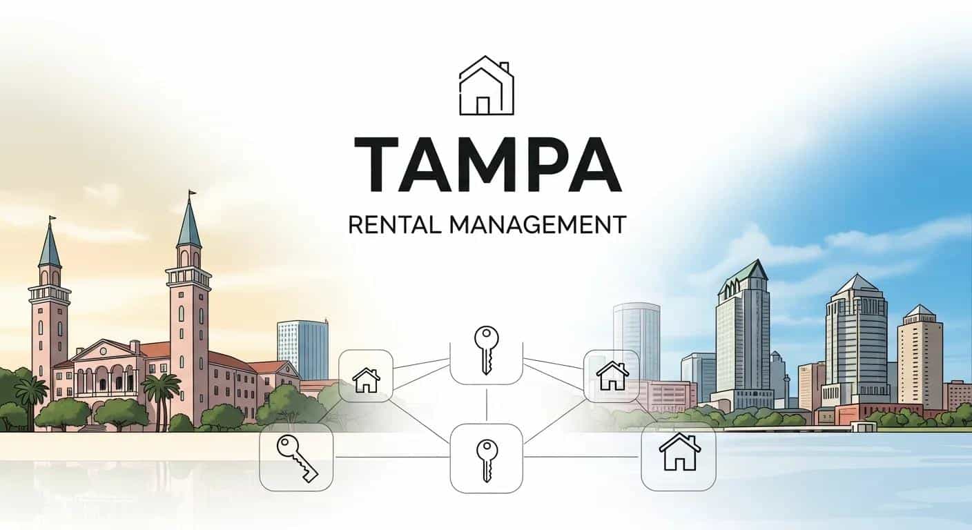 Tampa skyline illustration with historic buildings and modern skyscrapers, featuring "TAMPA RENTAL MANAGEMENT" text, symbolizing property management services in the Tampa Bay area.