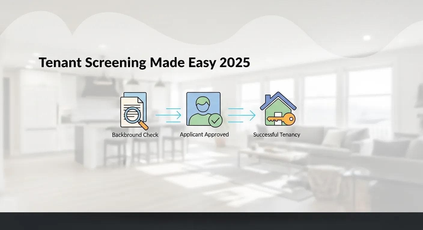 Tenant screening process infographic for 2025, illustrating background check, applicant approval, and successful tenancy, with a modern home interior in the background.