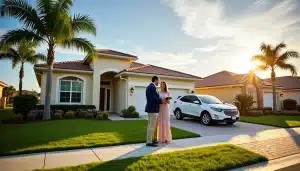 Couple discussing property management in front of a sunny suburban home with palm trees and a white SUV parked in the driveway.