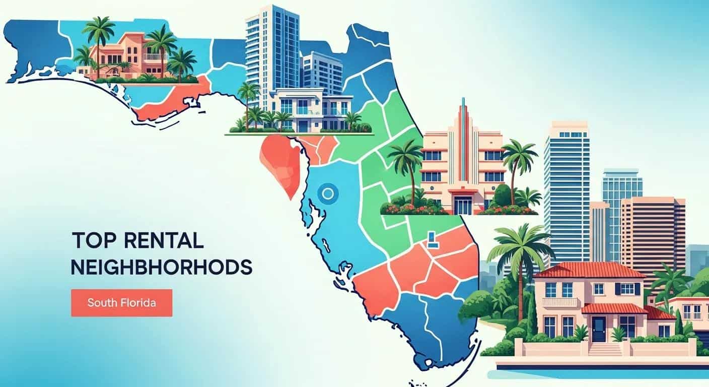 Map of South Florida highlighting top rental neighborhoods with illustrations of residential and urban properties, featuring palm trees and a vibrant coastal theme.