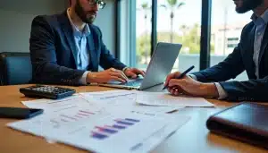 Two professionals in suits reviewing financial documents and charts with a laptop and calculator on the table.