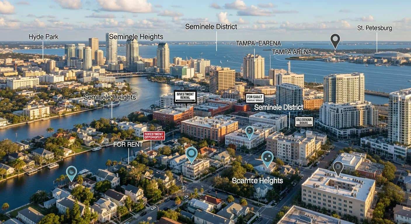 Aerial view of Tampa Bay neighborhoods including Hyde Park, Seminole Heights, and the Seminole District, with markers indicating rental opportunities, investment potential, and nearby Tampa Arena, emphasizing rental market dynamics for 2025.