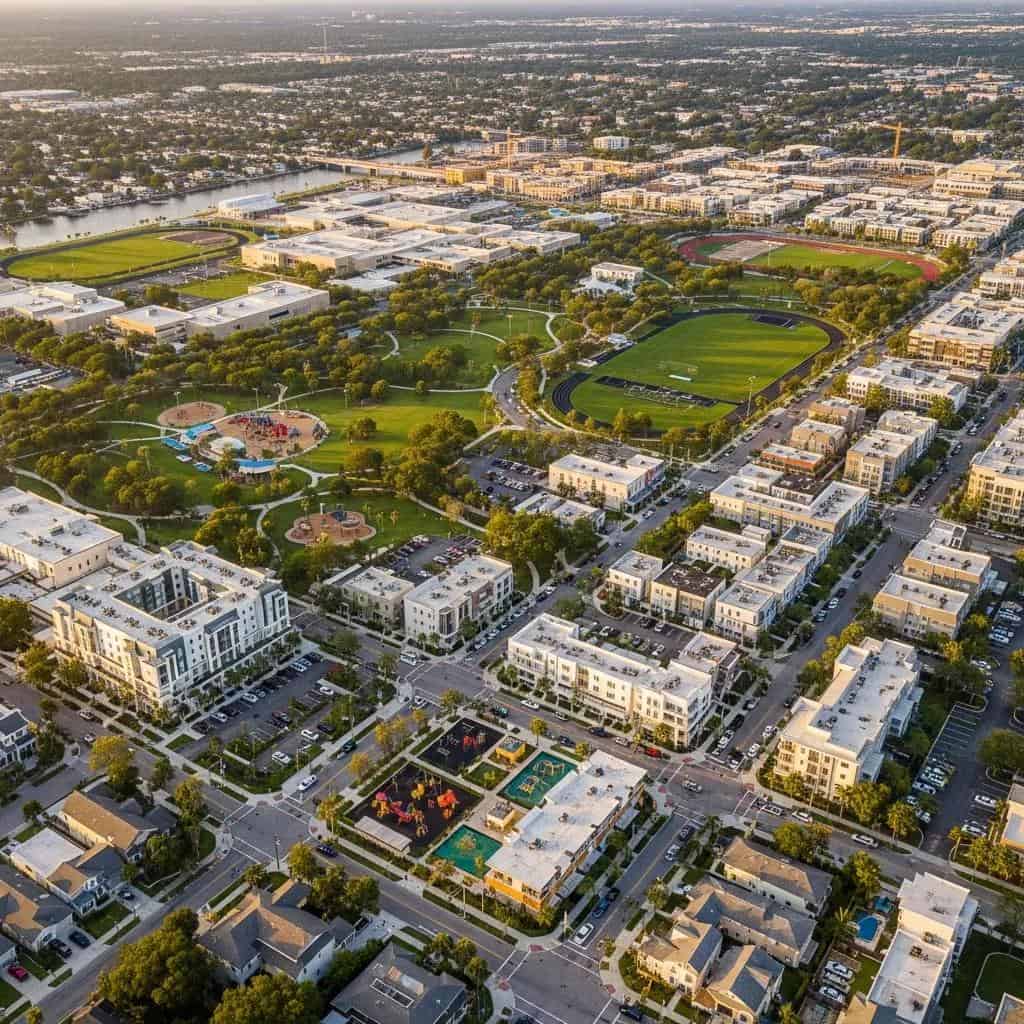 Aerial view of a vibrant Tampa neighborhood showcasing amenities and investment opportunities