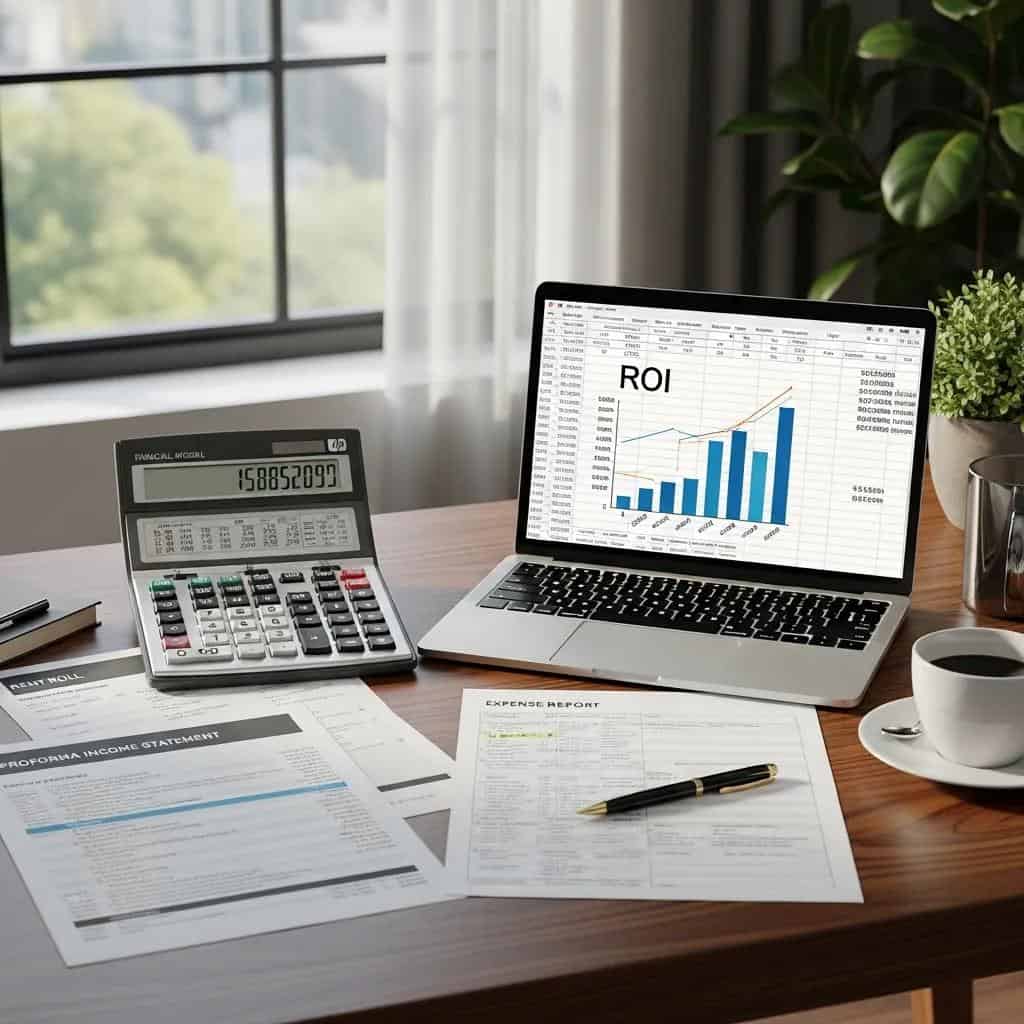 Calculator and financial documents on a desk, illustrating the process of calculating ROI for multifamily properties