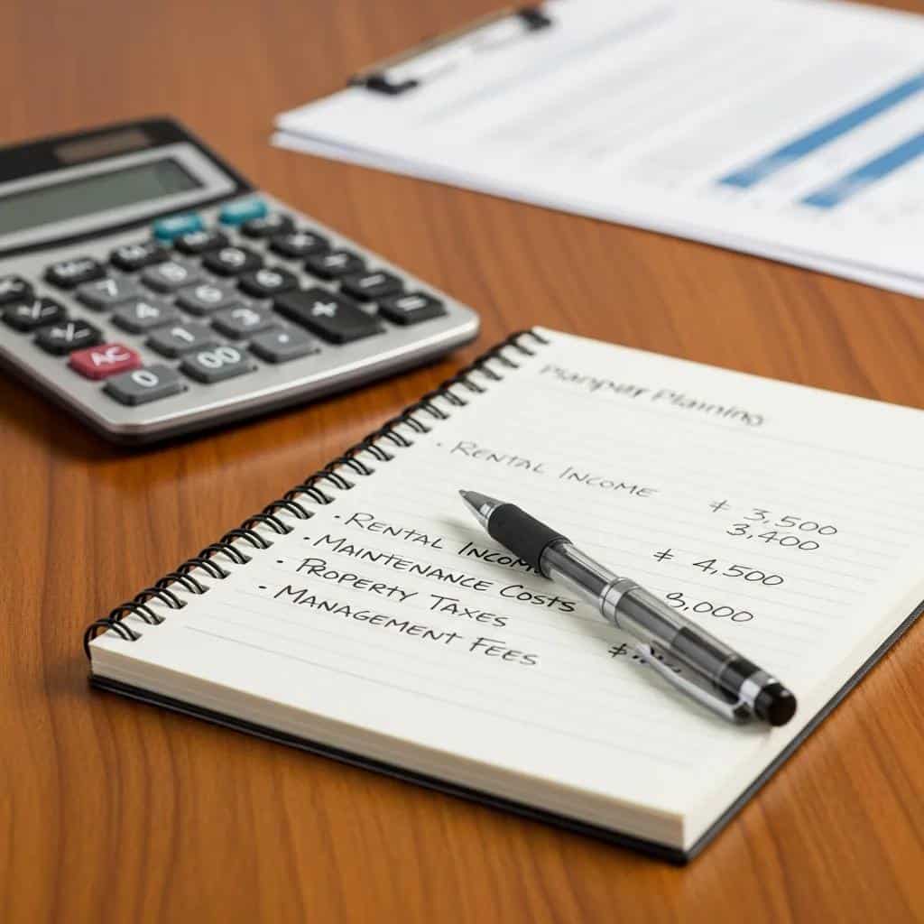 Calculator and notepad on a desk, detailing financial planning for property management costs, including rental income and expenses, relevant to Fort Lauderdale rental market insights for 2025.