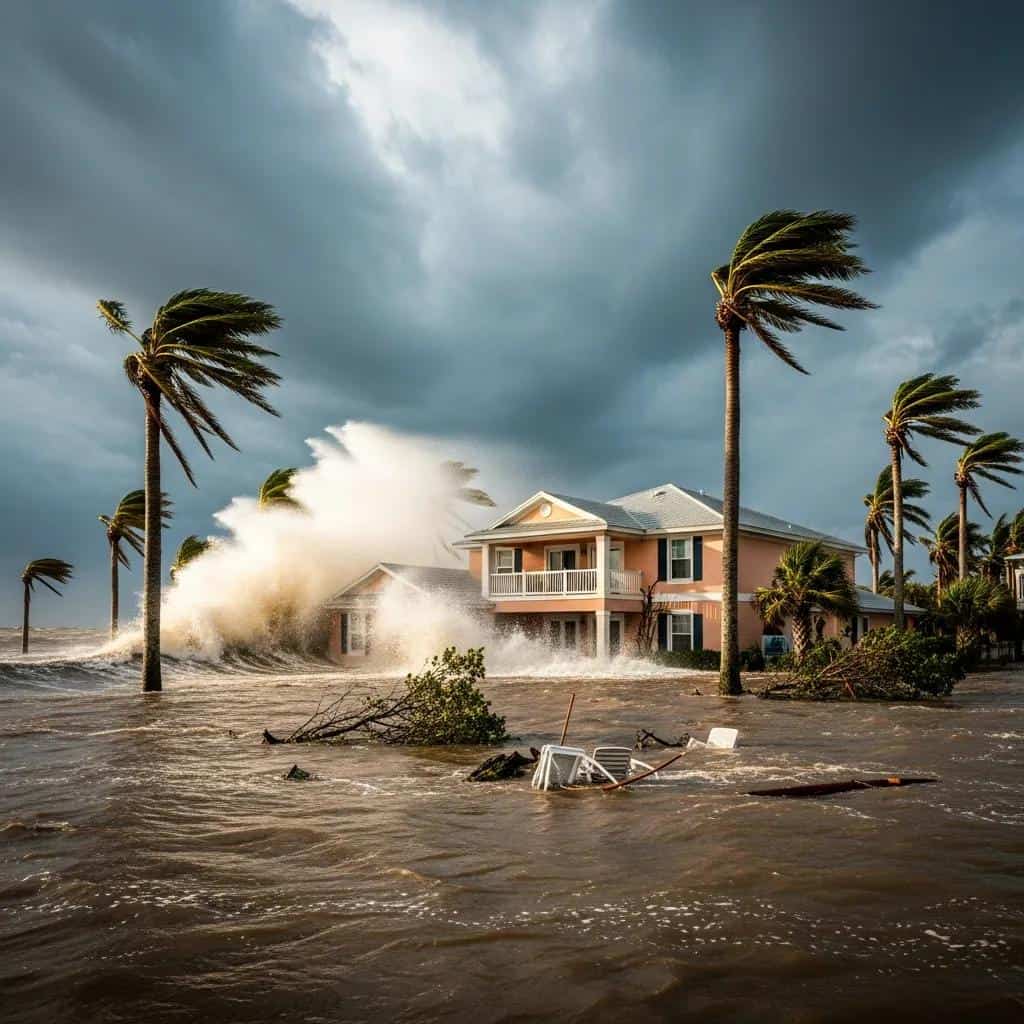 Coastal Florida property facing hurricane and flood risks, with strong waves crashing against the house and palm trees swaying in stormy weather.