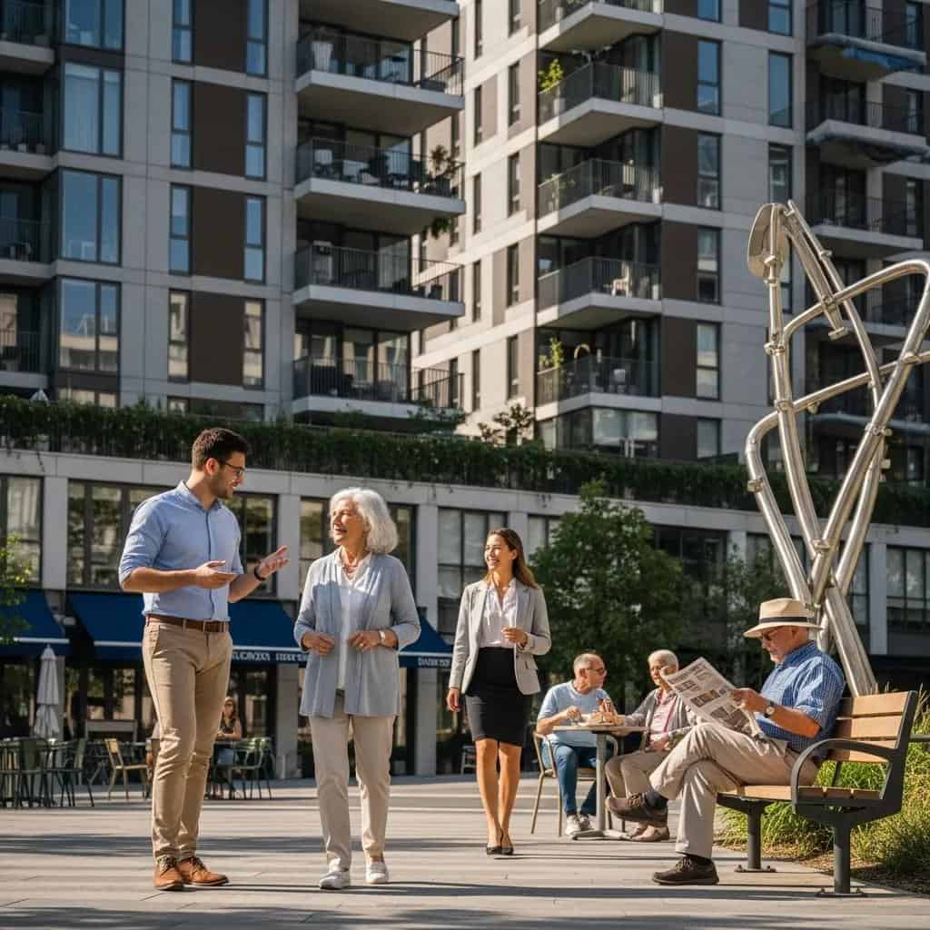 Diverse group of residents in an urban setting, representing population growth and job market influences on multifamily demand