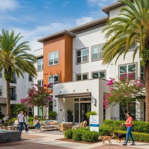 Modern apartment complex in Tampa featuring vibrant community living, palm trees, and residents enjoying outdoor spaces with dogs, highlighting investment potential in the Florida real estate market.
