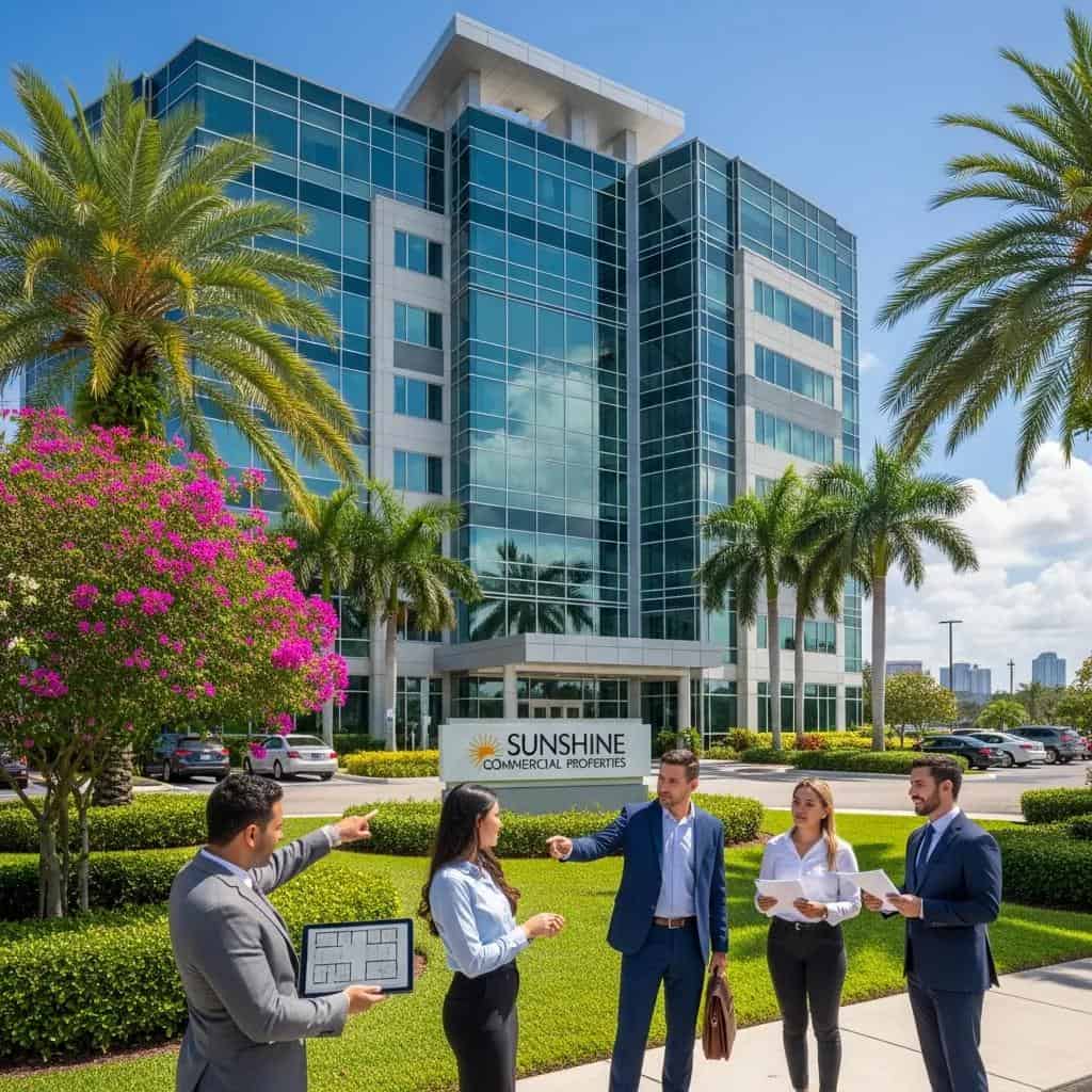 Modern commercial property in Florida with a professional atmosphere, featuring a group of business professionals discussing plans outside Commercial Property, surrounded by lush landscaping and palm trees.