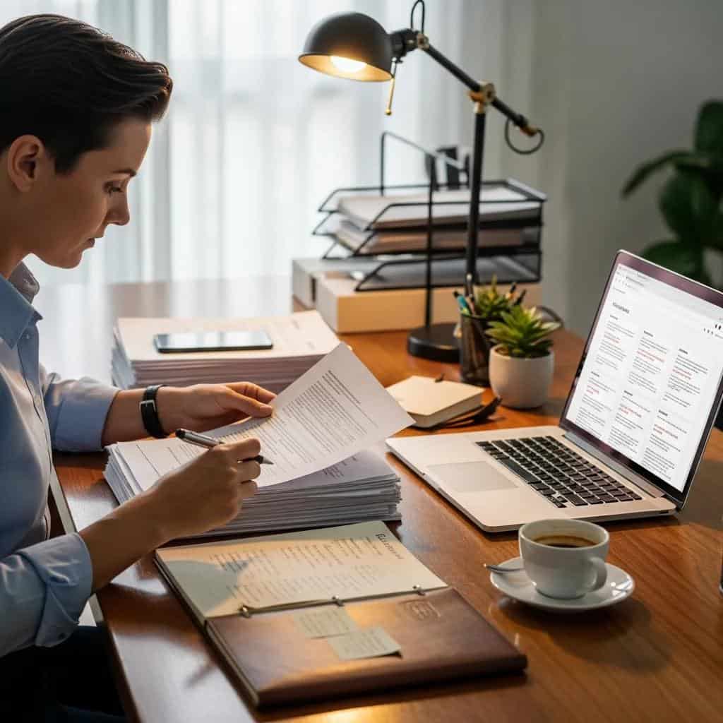 Person reviewing landlord insurance documents at a desk with a laptop, coffee cup, and organized paperwork, emphasizing property management and insurance strategies in Florida.
