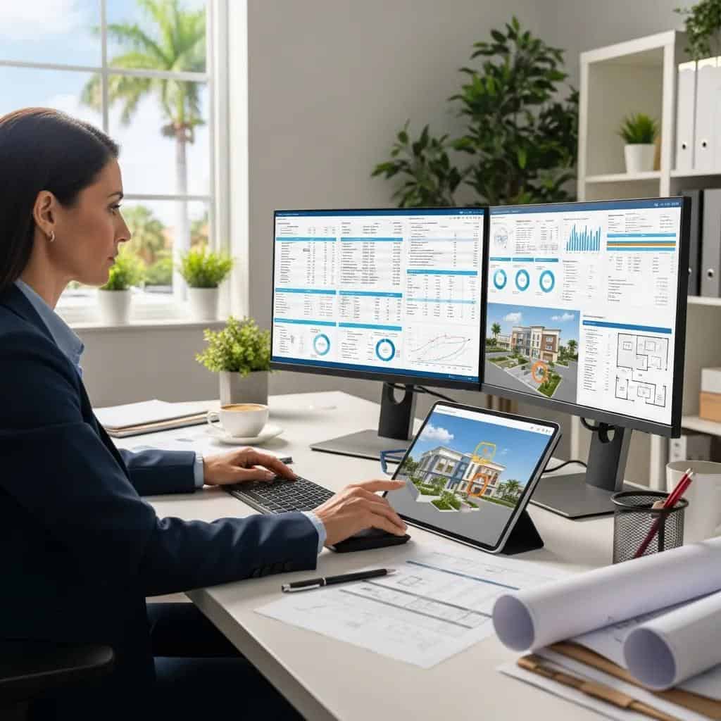 Property manager analyzing financial reports on dual monitors and tablet in a commercial property management office, emphasizing asset management and financial transparency.