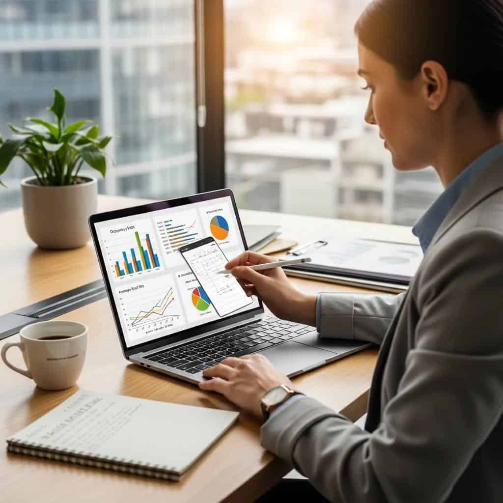 Property manager analyzing rental data for dynamic pricing strategies in a modern office