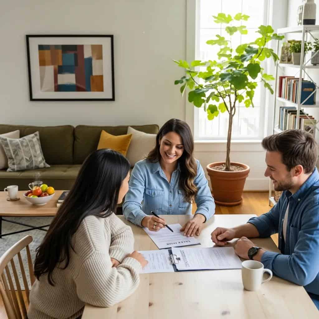 Property manager engaging with satisfied tenants in a well-maintained rental unit