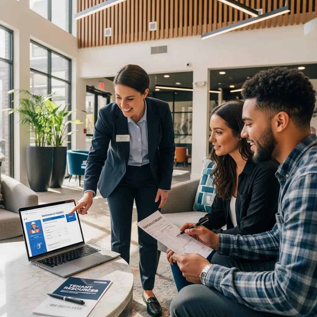 Property manager engaging with tenants in a modern apartment, showcasing property management services and tenant resources on a laptop.