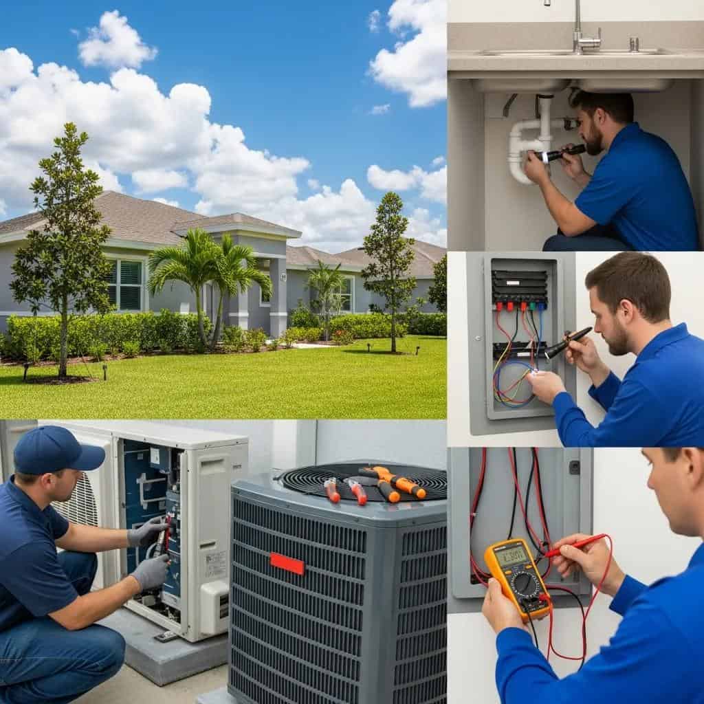 Technicians performing preventative maintenance on HVAC systems and plumbing in Florida rental properties, emphasizing proactive repairs to reduce emergency issues and enhance tenant satisfaction.