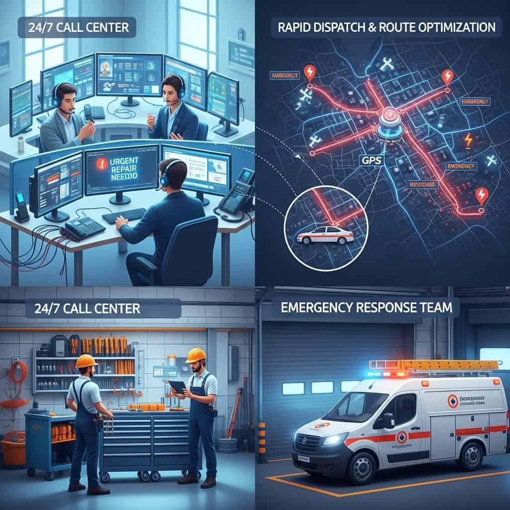 24/7 call center with agents coordinating emergency repairs, GPS map for rapid dispatch and route optimization, emergency response team preparing equipment, and service vehicle ready for deployment.