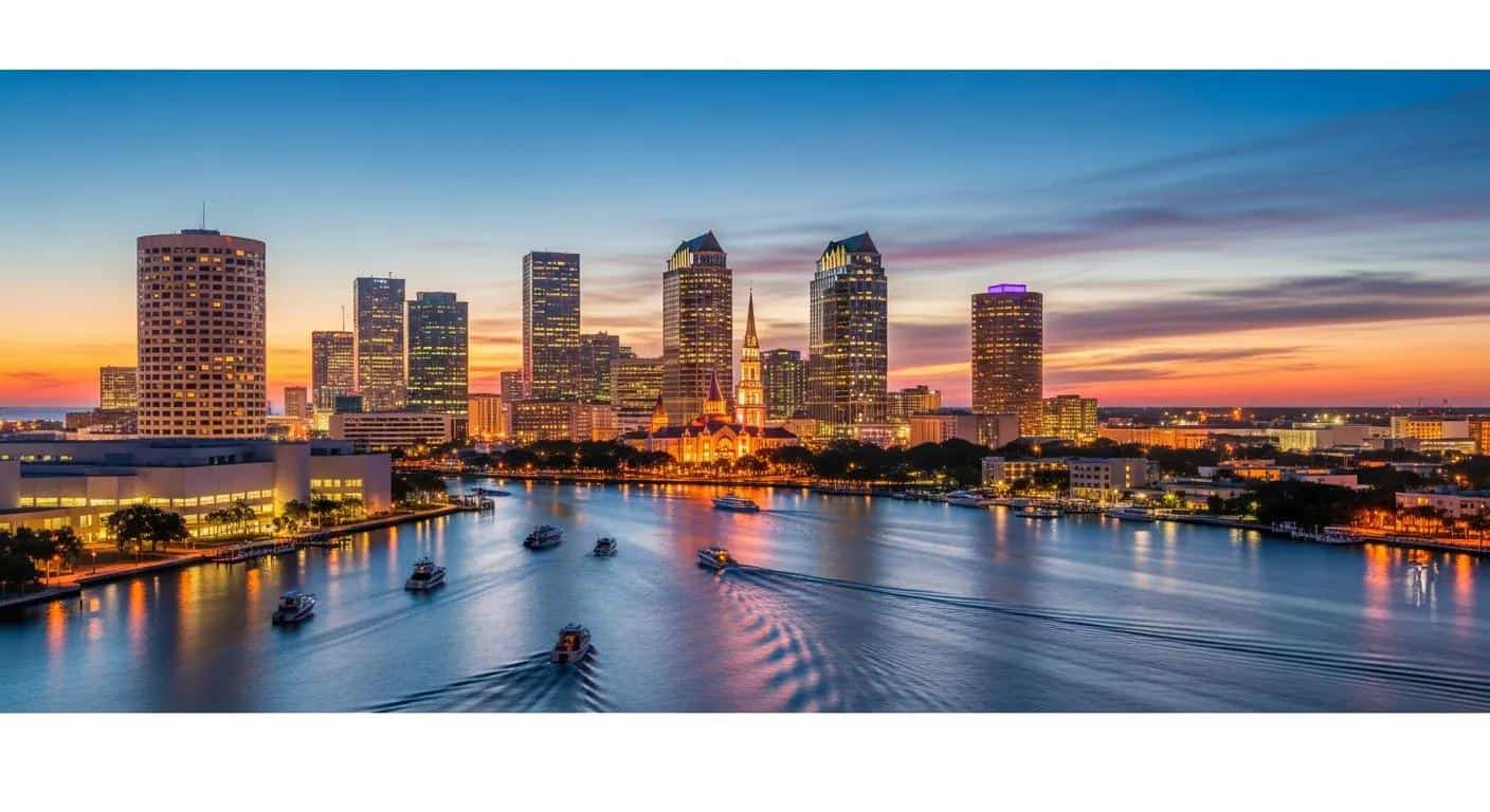 Tampa skyline at sunset with waterfront views, featuring skyscrapers, a church, and boats on the water, representing the vibrant property management landscape in Tampa.