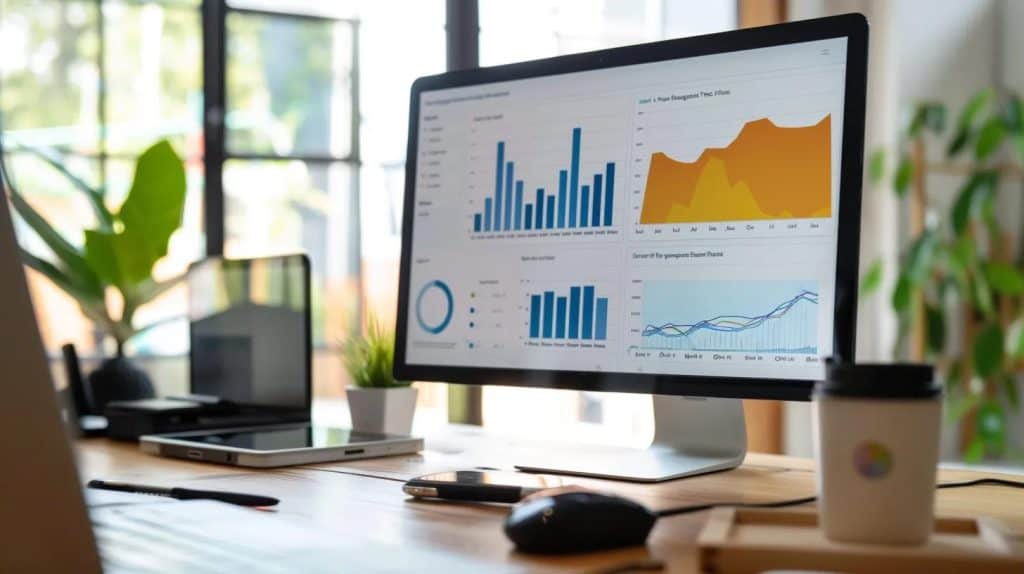 Computer monitor displaying graphs and analytics data, surrounded by office plants and a coffee cup, symbolizing property management insights for InvestPro Properties in West Palm Beach.