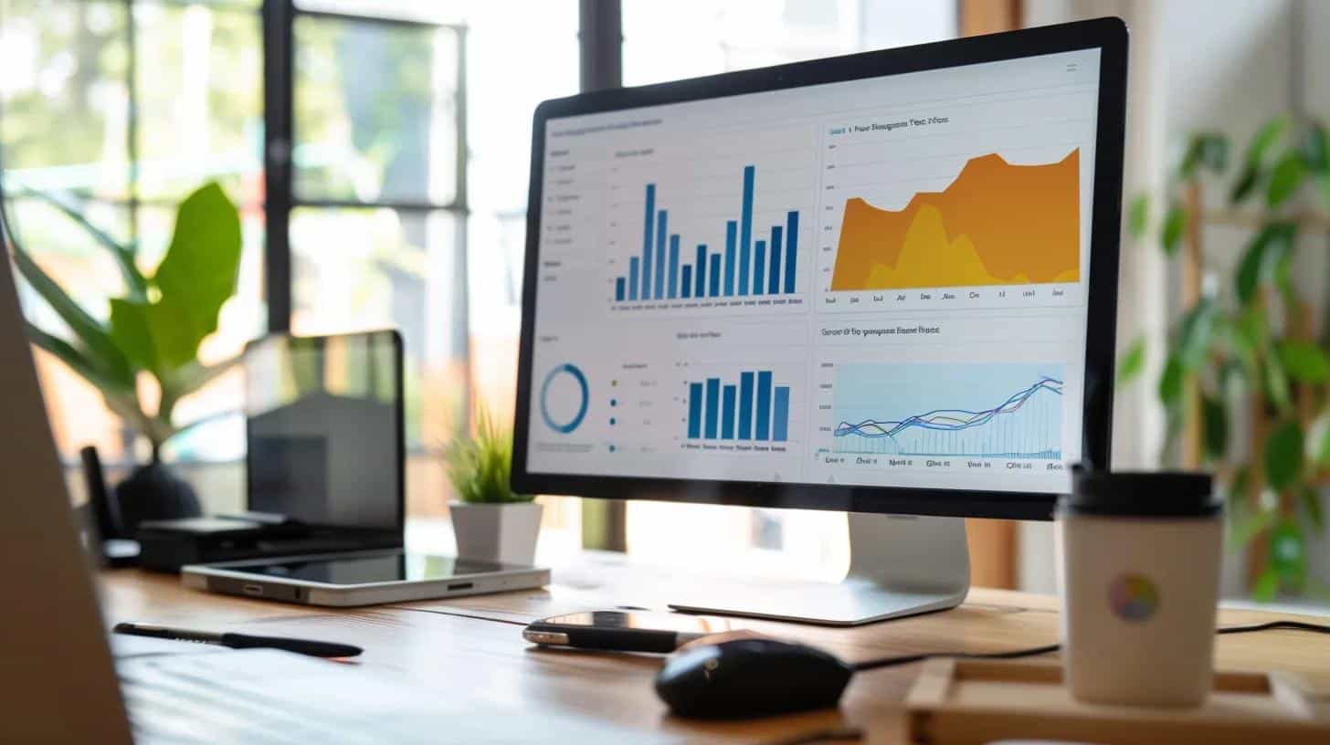 Desktop monitor displaying performance analytics charts and graphs, with a focus on key metrics for multifamily property management, surrounded by a modern office environment featuring plants and office supplies.